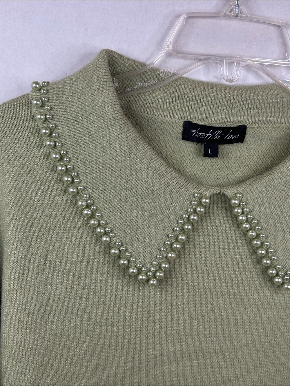 Pearl-Trim Collared Crewneck Sweater — Sage Green, size Large, NWT - Picture 3 of 7